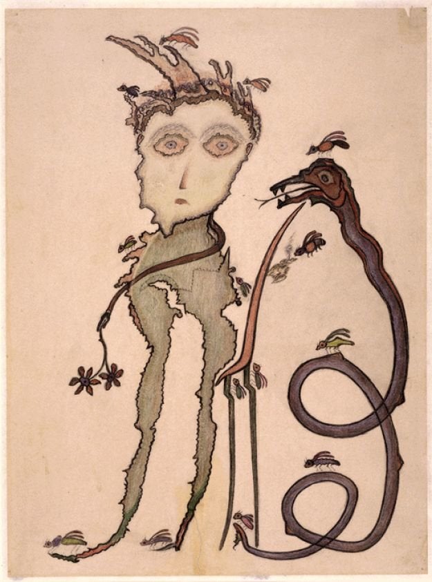 Heinrich-Anton Müller, “Untitled” (circa 1927-1929), colored pencil on drawing paper, 22 5/8 x 16 3/4 inches (photo by Claude Bornand, Atelier de numérisation, Ville de Lausanne, © Collection de l’Art Brut)