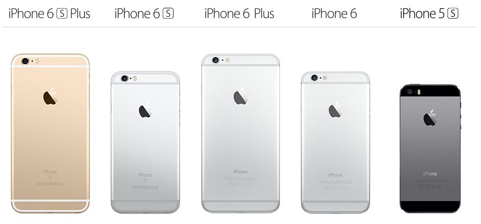 A comparison of Apple's iPhones. Notice that the iPhone 5S is a little smaller than the new iPhone 6 and 6S baseline devices.