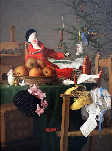 Unknown artist, "Christmassy table of gifts for a girl," 1840 (<a href="https://commons.wikimedia.org/wiki/File:1840_Weihnach