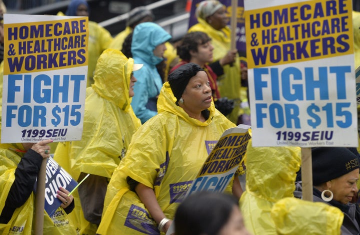 People attend the strike in support of a $15-per-hour minimum wage in New York City on Nov. 10, 2015.