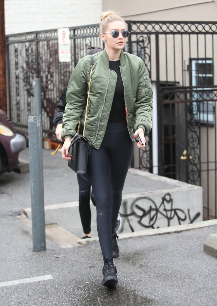 Women's Stylish Workout Attire, bomber jacket, Gigi Hadid black