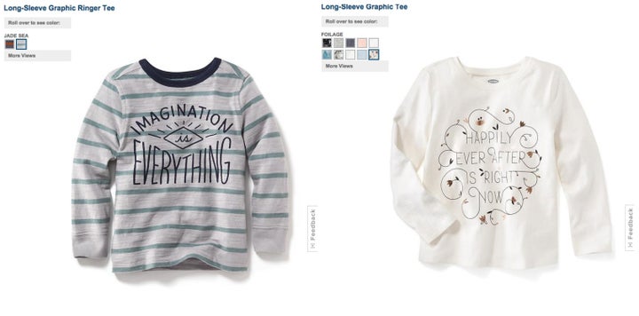 On the left, an Old Navy shirt for boys that touts the power of imagination. On the right, a girls' shirt about hap