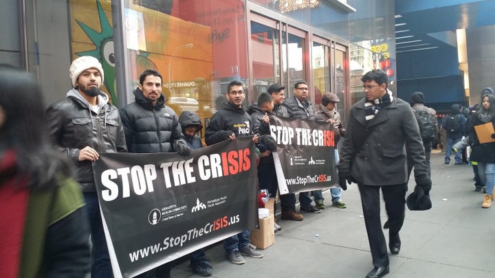 The Ahmadiyya Muslim community also was in the Times Square area for New Year's in 2014, when it held a demonstration against the Islamic State.