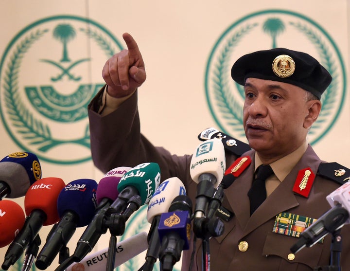 Saudi Interior Ministry's spokesman Mansur al-Turki gestures during a news conference at the Saudi Officers club in Riyadh, on January 2, 2016, following the execution of 47 people convicted of 'terrorism', including a prominent Shiite cleric Nimr al-Nimr.