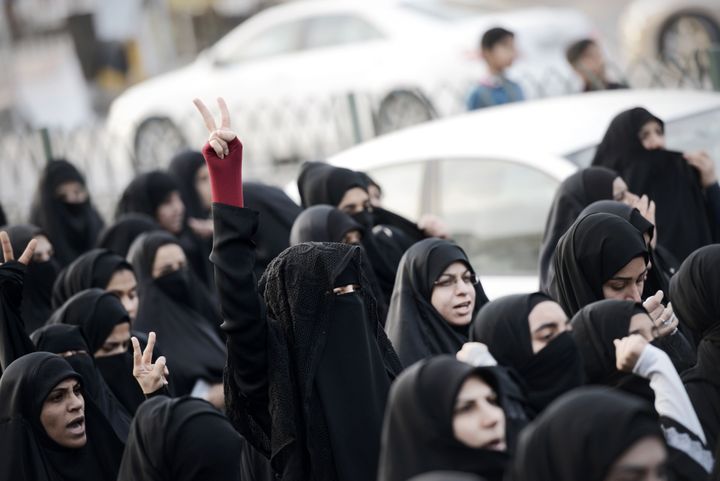Bahraini women take part in a protest in the village of Jidhafs, west of Manama, against the execution of prominent Shiite Muslim cleric Nimr al-Nimr by Saudi authorities, on January 2, 2016.