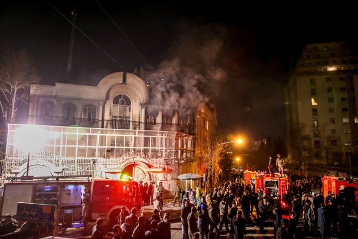 Iranian protesters set fire to the Saudi Embassy in Tehran during a demonstration against the execution of prominent Shiite Muslim cleric Nimr al-Nimr by Saudi authorities, on January 2, 2016.