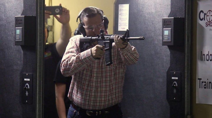 Sen. Ted Cruz (R-Texas) firing off rounds on a semiautomatic .223-caliber Smith and Wesson M&P15 at a campaign event in Johnston, Iowa, on June 20, 2015.