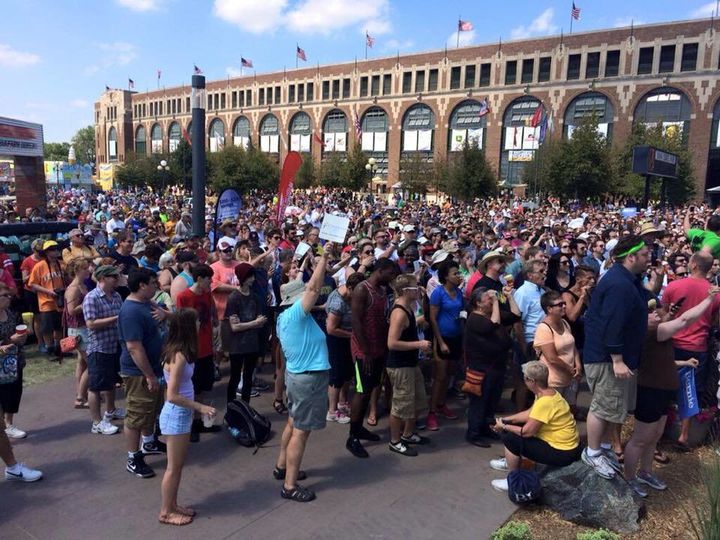 Crowds overflowing into the street, waiting to hear Bernie Sanders speak at the Des Moines Register's Soap Box at the Iowa State Fair on Aug. 15, 2015.