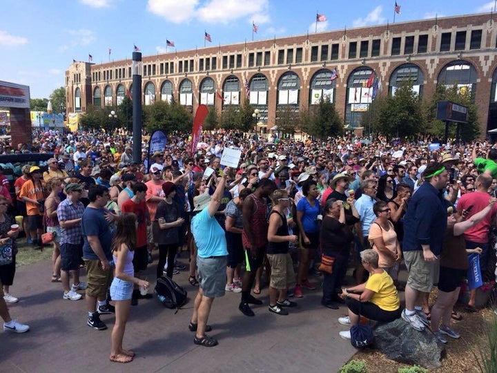 Crowds overflowing into the street, waiting to hear Bernie Sanders speak at the Des Moines Register's Soap Box at the Iowa St