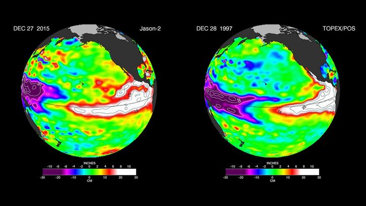 The latest satellite image of Pacific sea surface heights (left) differs slightly from one 18 years ago (right). In Dec. 1997, sea surface height was more intense and peaked in November. This year the area of high sea levels is less intense but considerably broader.