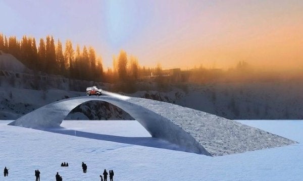 Rendering of "Bridge in Ice," the construction inspired by a Leonardo da Vinci design.