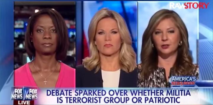 Fox News contributors Deneen Borelli, far left, and Jessica Ehrlich, far right, debated whether Oregon's armed militants are patriots or terrorists.