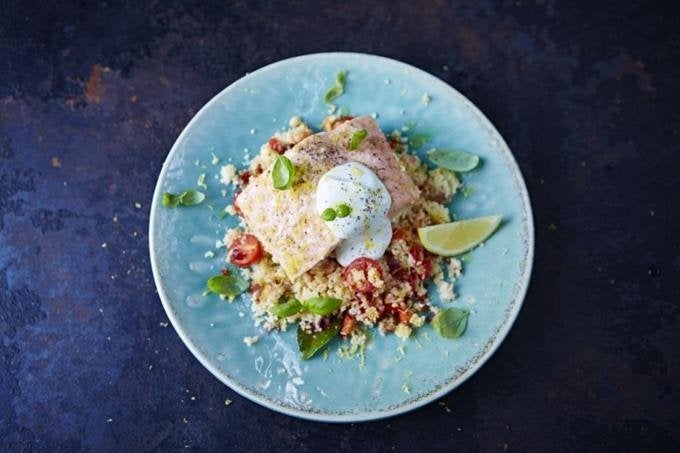 Jamie's Super-Speedy Steamed Salmon With Jewelled Couscous & Yogurt