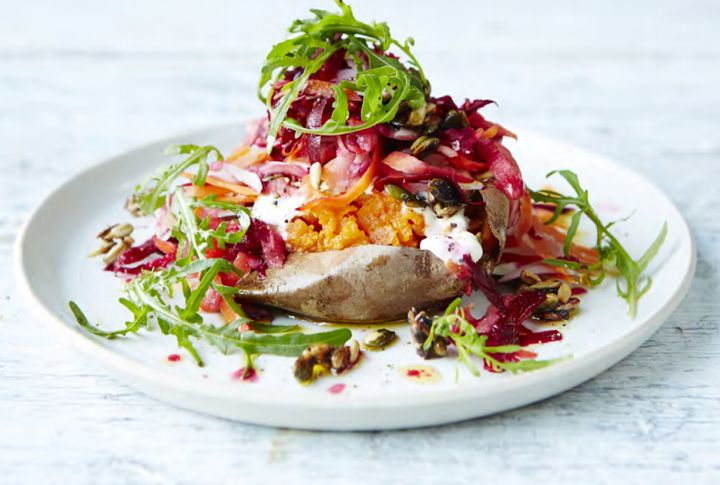 Jamie's Baked Sweet Potatoes With Grated Salad & Sticky Seeds