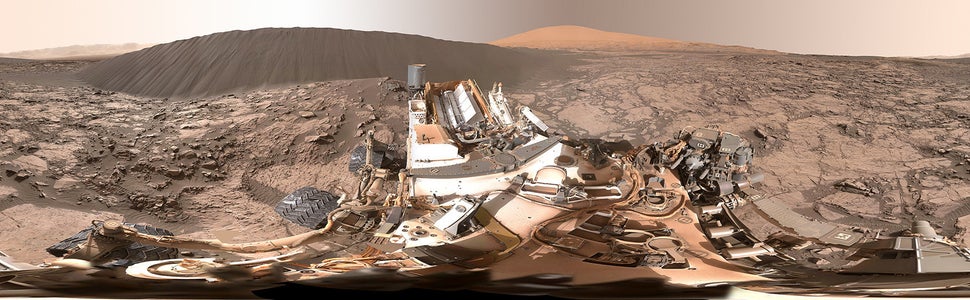 This view of the downwind face of "Namib Dune" on Mars covers 360 degrees, including a portion of Mount Sharp on the horizon.