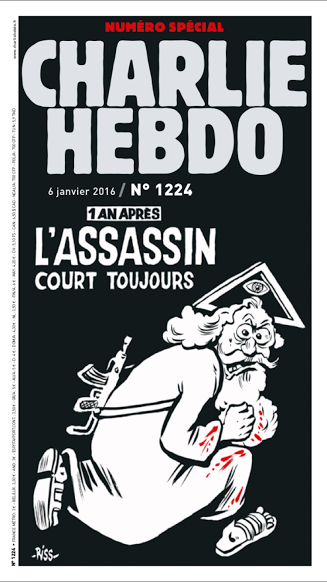 Riss' cover drawing for the special edition of the paper, released Wednesday. It shows a blood-spotted religious man toting a rifle. "The assassin is still out there," the caption reads.