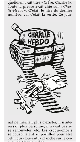 A cartoon in Charlie Hebdo's special edition depicts a militant rolled over by a Charlie Hebdo tank.