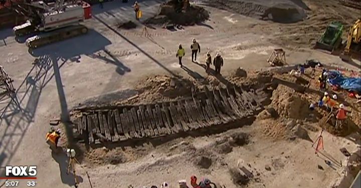 Archeologists excavate a Revolutionary War-era ship beneath a hotel's construction site.
