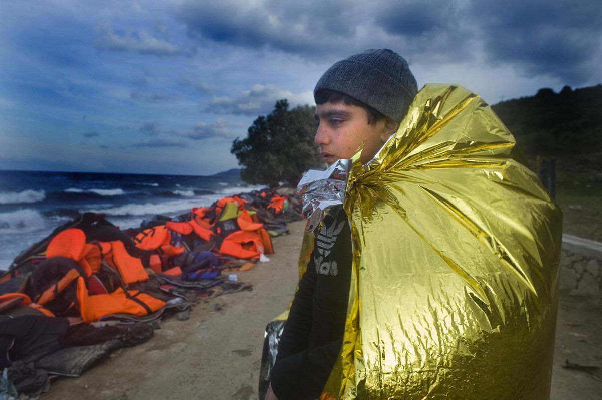 Refugees arriving on Lesbos.