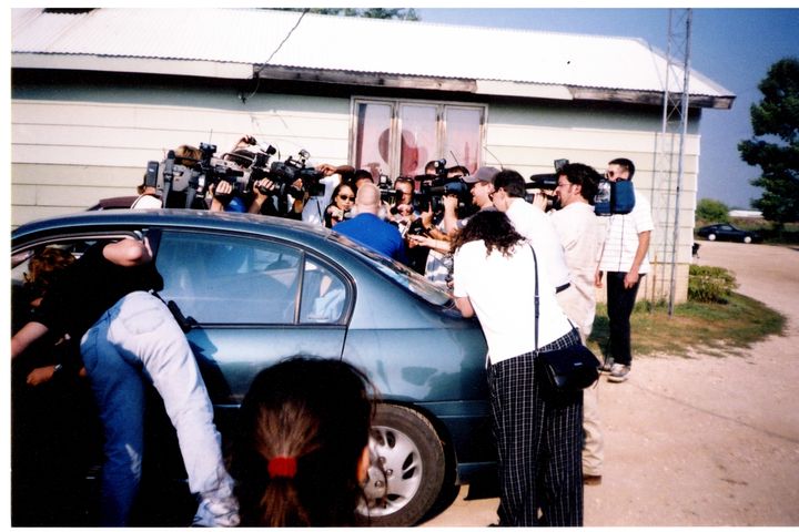The media surround Steven Avery after his release from prison after serving 18 years, having been convicted of rape. DNA evidence cleared Avery of guilt.