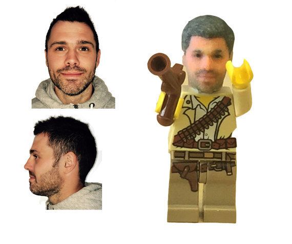 The two photos on the left were used to make this man's custom Lego head, which appears on the right.