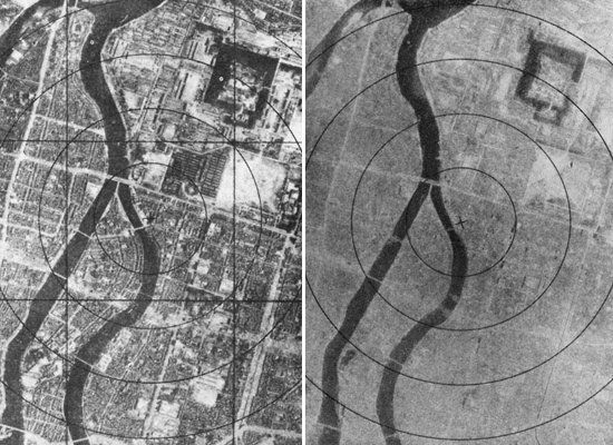 The Japanese city of Hiroshima is seen before the detonation of the atomic bomb (left) and after (right).