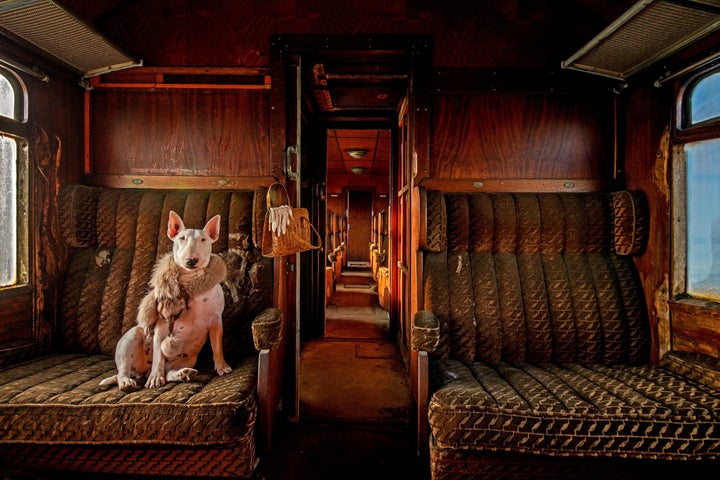 Claire traveling in an abandoned train in Belgium.