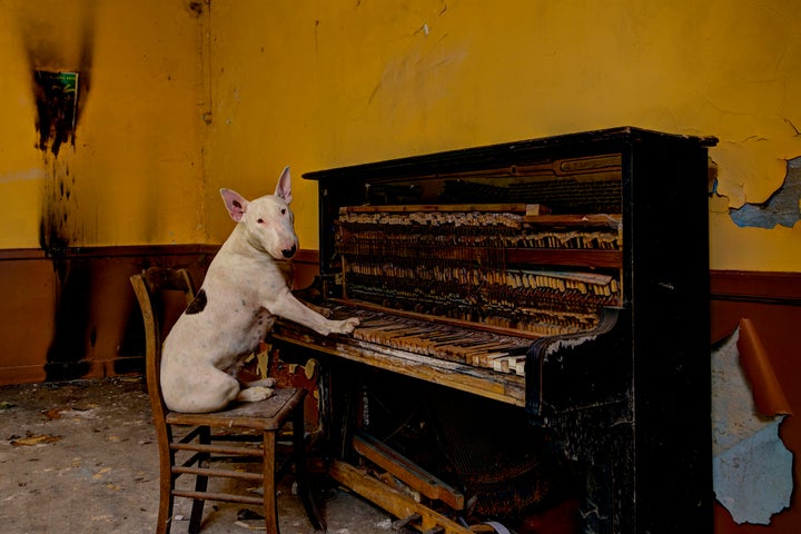 Claire playing the piano in an abandoned Cafe in Luxembourg.