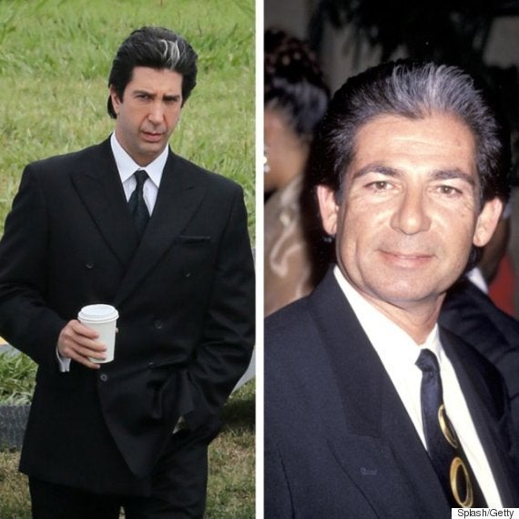 L to R: David Schwimmer on the set of "American Crime Story," and Robert Kardashian in 1994. 