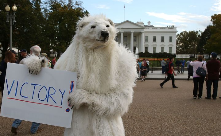 A climate control activist celebrated after President Obama announced that he would reject the Keystone oil pipeline in November.