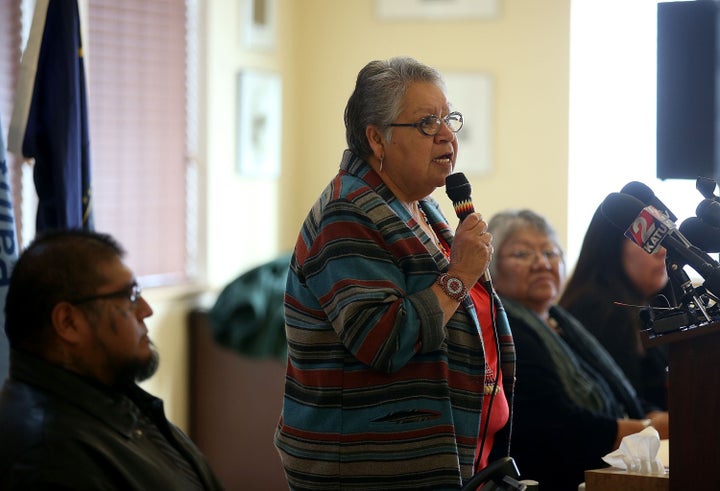 Burns Paiute Tribal Council Chair Charlotte Rodrique and other members of the tribe speak during a press conference Wednesday in Burns, Oregon.