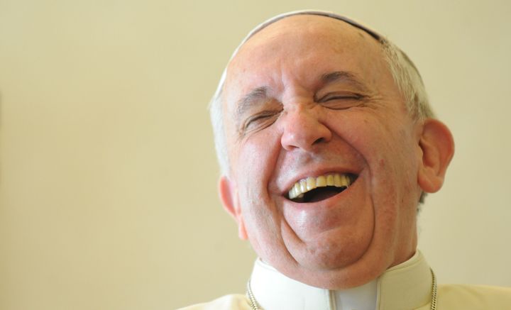Pope Francis laughs during a private audience with the Prime Minister of Saint Vincent and the Grenadines at the Vatican.