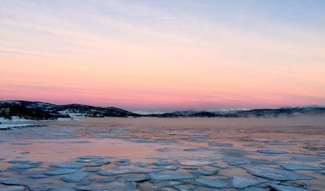 A photograph of frozen water during the polar night in Tromsø, Norway.