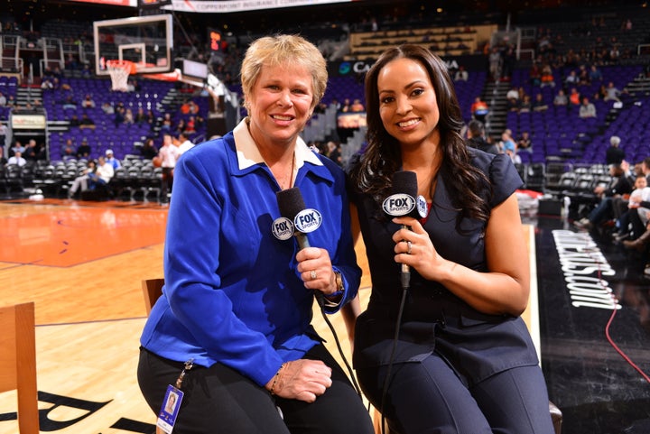 NBA analysts Ann Meyers (left) and Stephanie Ready (right) were pumped to meet-up before their historical broadcasts.