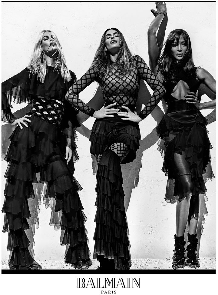 Claudia Schiffer, Cindy Crawford, and Naomi Campbell in Balmain's Spring/Summer 2016 campaign.