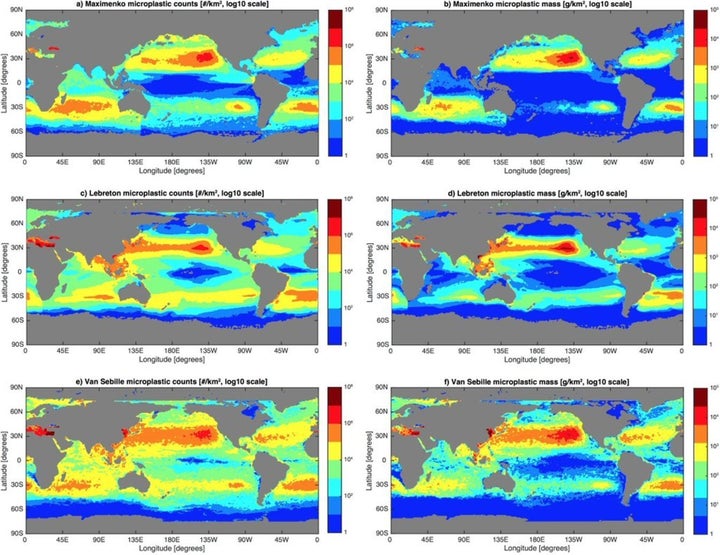 Maps of three model solutions for the amount of microplastics floating in the global ocean as particle counts (left column) and as mass (right column). Red colors indicate the highest concentrations, while blue colors are the lowest.