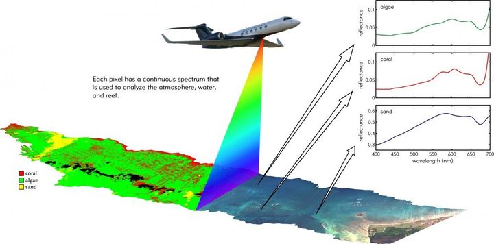 Mounted in the belly of a Gulfstream IV aircraft, PRISM will record the spectra of light reflected upward toward the instrument from the ocean below. Its very high spectral resolution is then used to identify reef composition (i.e., coral, algae, and sand) and model primary production.