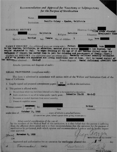 "Recommendation and Approval for Vasectomy or Salpingectomy for the Purpose of Sterilization." Image used in accordance with the California Committee for the Protection of Human Subjects Protocol ID 13-08-1310 and the University of Michigan Biomedical IRB HUM00084931.