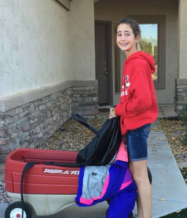Every November, 12-year-old Makenna Breading-Goodrich goes door-to-door collecting donation items to help keep her community's homeless population warm through the holidays.