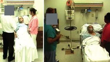 At left, the doctor (in dark pants) stands at the bedside of a white actor who is portraying a dying patient. At right, the doctor (in green scrubs) stands far from a black actor who is also portraying a dying patient.