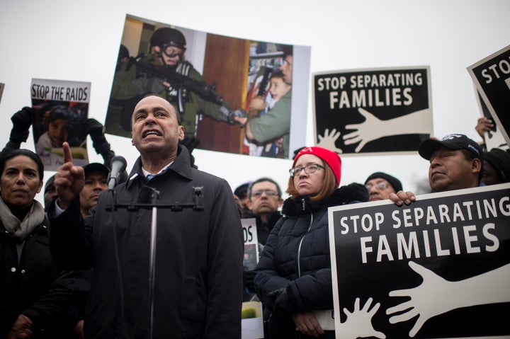 Rep. Luis Gutiérrez (D-Ill.) joins immigrant advocates in front of the White House on Friday to criticize deportation raids.