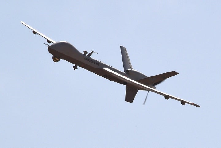 A US-made Reaper drone flies over Nigerien military airport Diori Hamani in Niamey in January 2015