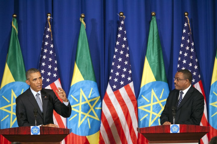 Obama at a press conference with Ethiopian Prime Minister Hailemariam Desalegn during a visit Ethiopia last July.