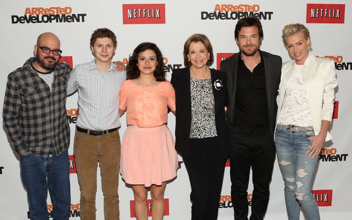 "Arrested Development" cast members David Cross, Michael Cera, Alia Shawkat, Jessica Walter, Jason Bateman and Portia de Rossi attend a Netflix press conference in May 2014. 