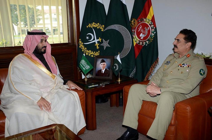 Saudi Arabia's deputy crown prince and defense minister Mohammad bin Salman (L) meets Pakistan's chief of army staff General Raheel Sharif (R) at the army headquarters in Rawalpindi, Pakistan, on Jan. 10, 2016.