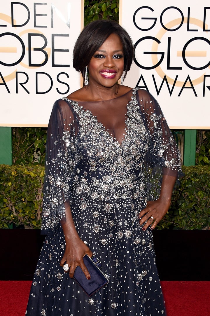 A detailed shot of Viola Davis' dress at the 73rd Annual Golden Globe Awards in Beverly Hills, California.