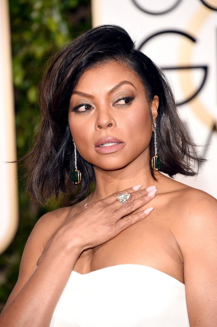 Taraji P. Henson shows off her statement earrings at the 73rd Annual Golden Globe Awards in Beverly Hills, California.