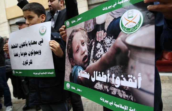 In Madaya, thousands of people are trapped and many others have reportedly died of starvation. Protesters hold a sit-in in solidarity with Madaya outside the International Committee of the Red Cross headquarters in Beirut, Lebanon, on Jan. 8.