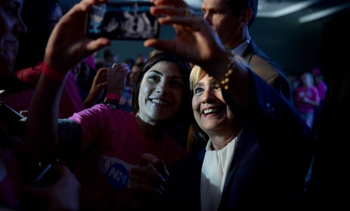 Hillary Clinton takes a selfie with a supporter in New Hampshire.