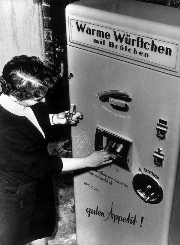 Vending Machine Selling Hot Sausages Presented At The Industries Fair In Berlin Germany Circa Vending Machine Selling Hot Sausages Presented At The Industries Fair In Berlin Germany Circa